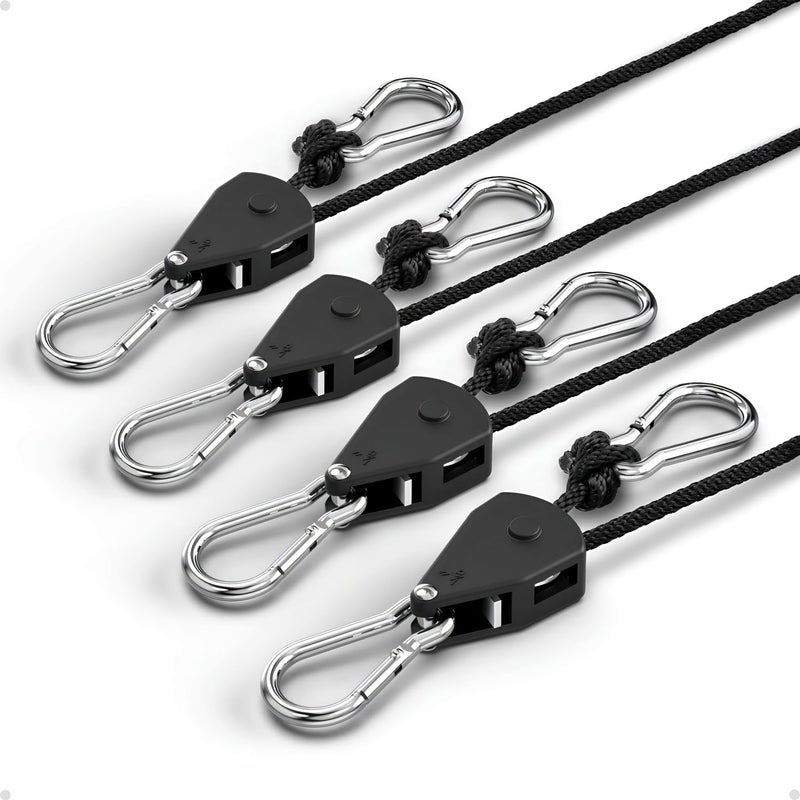 EVMANZ 1/8" Rope Tie Down Ratchet: 4 Pack of Adjustable Grow Light Hangers - Small Ratchet Straps for Various Hanging and Strapping - Image 1